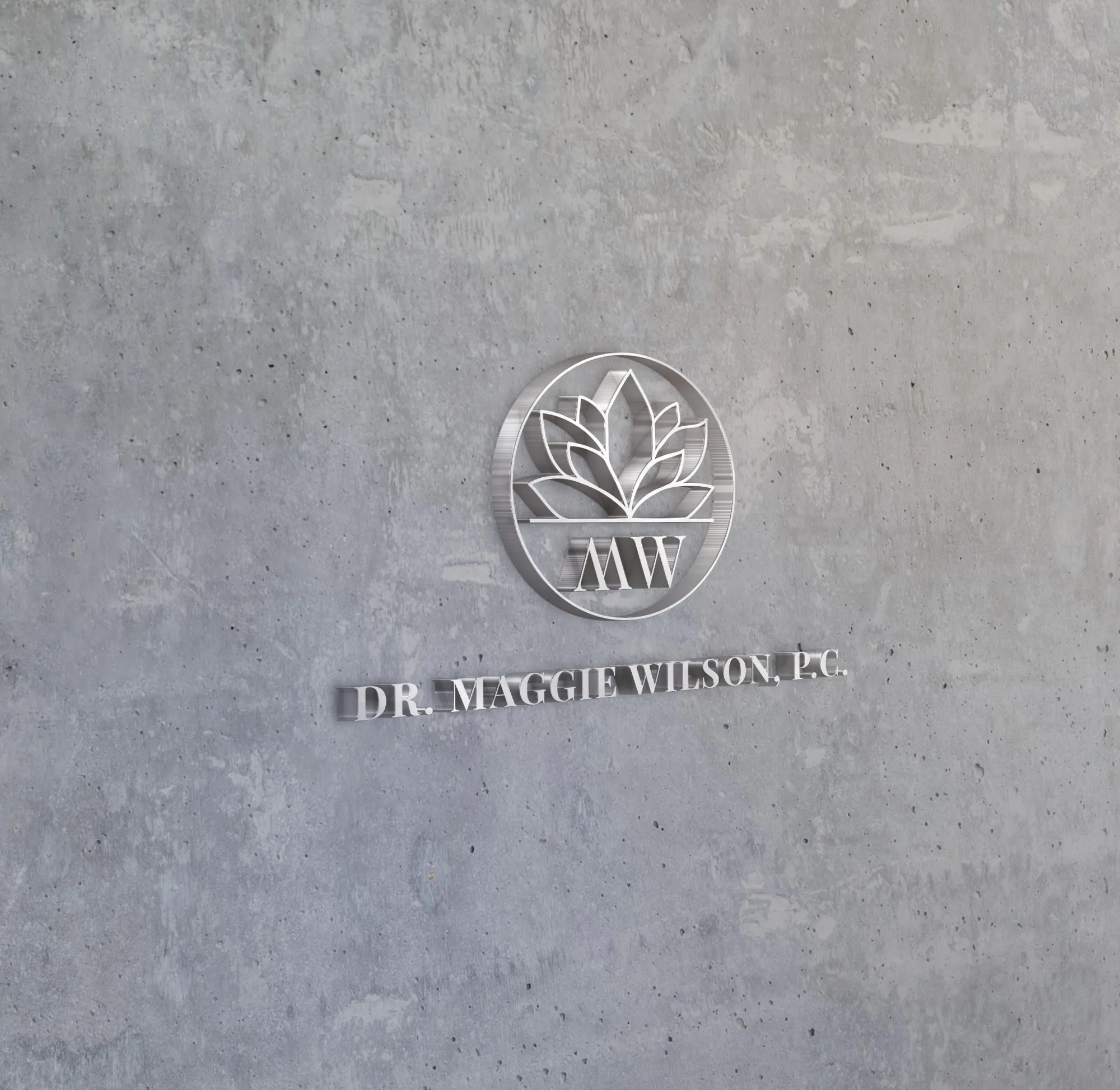MW logo as a metal sign on a concrete wall